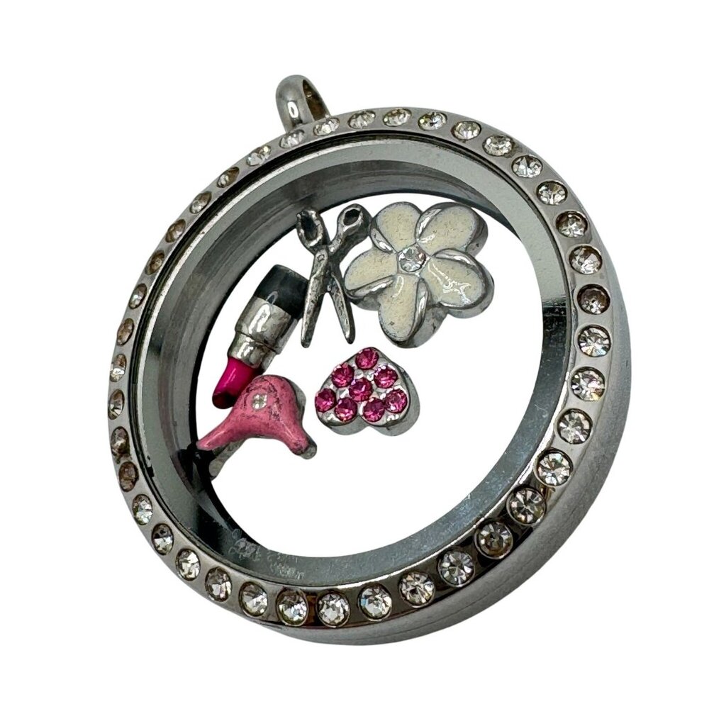 Origami Owl Round Silvertone Hairdresser Locket Rhinestones & Charms Hairdryer S